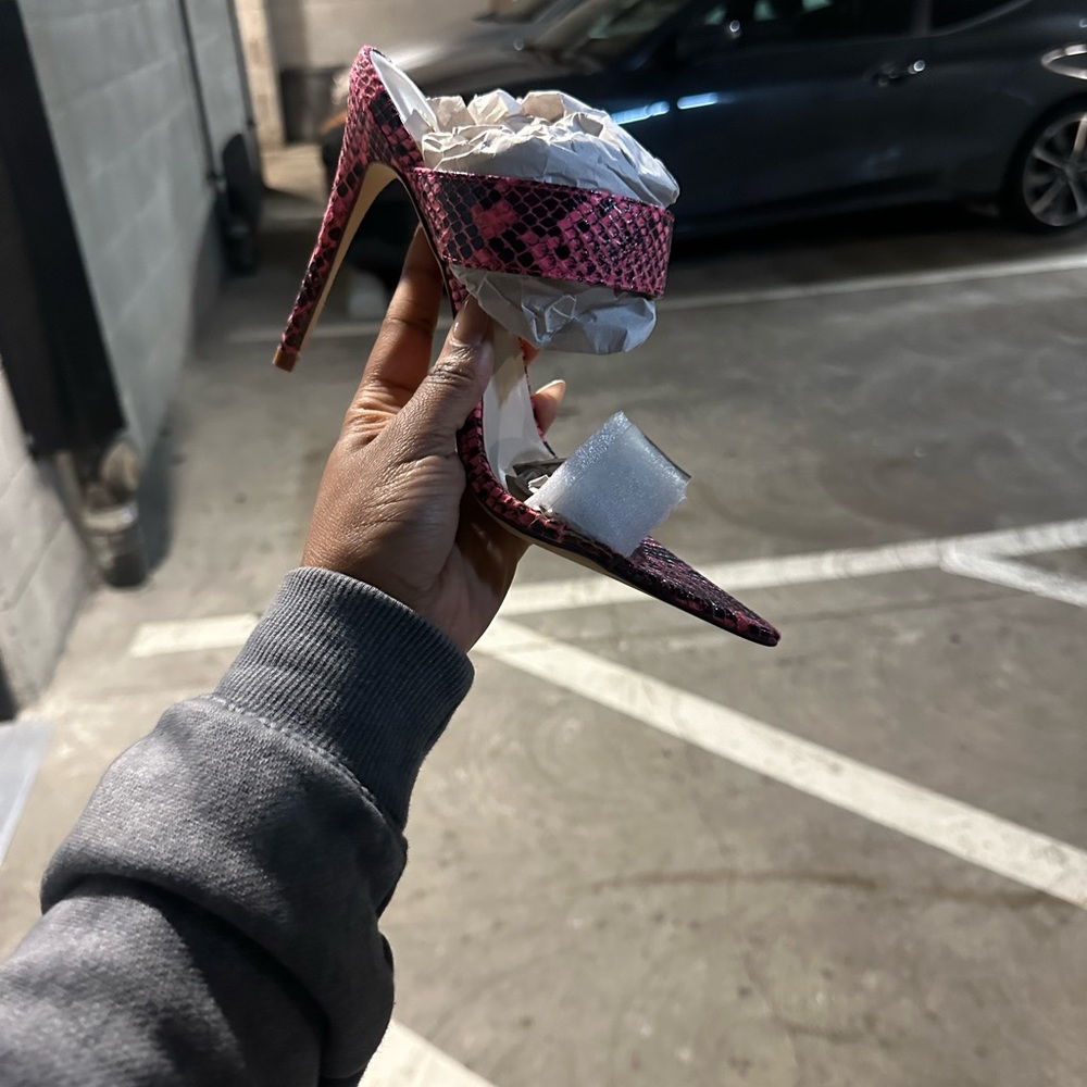 Pink and clear snake skin heels